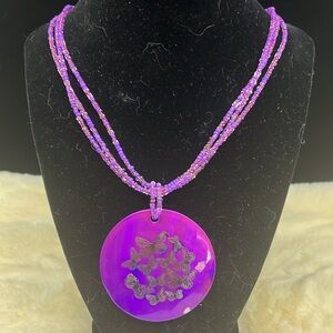 Purple Beaded Butterfly Medallion Necklace